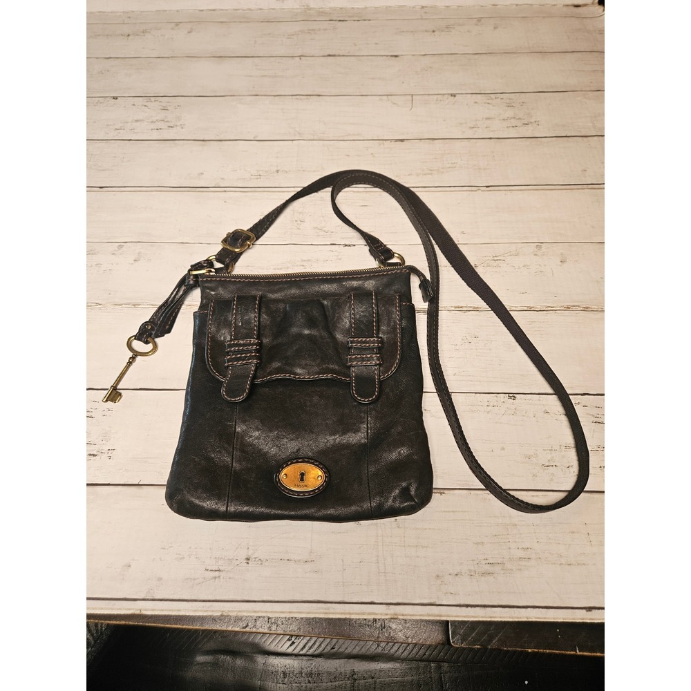 Fossil Long Live Vintage Black Leather Crossbody Bag Messenger Purse Brass Key